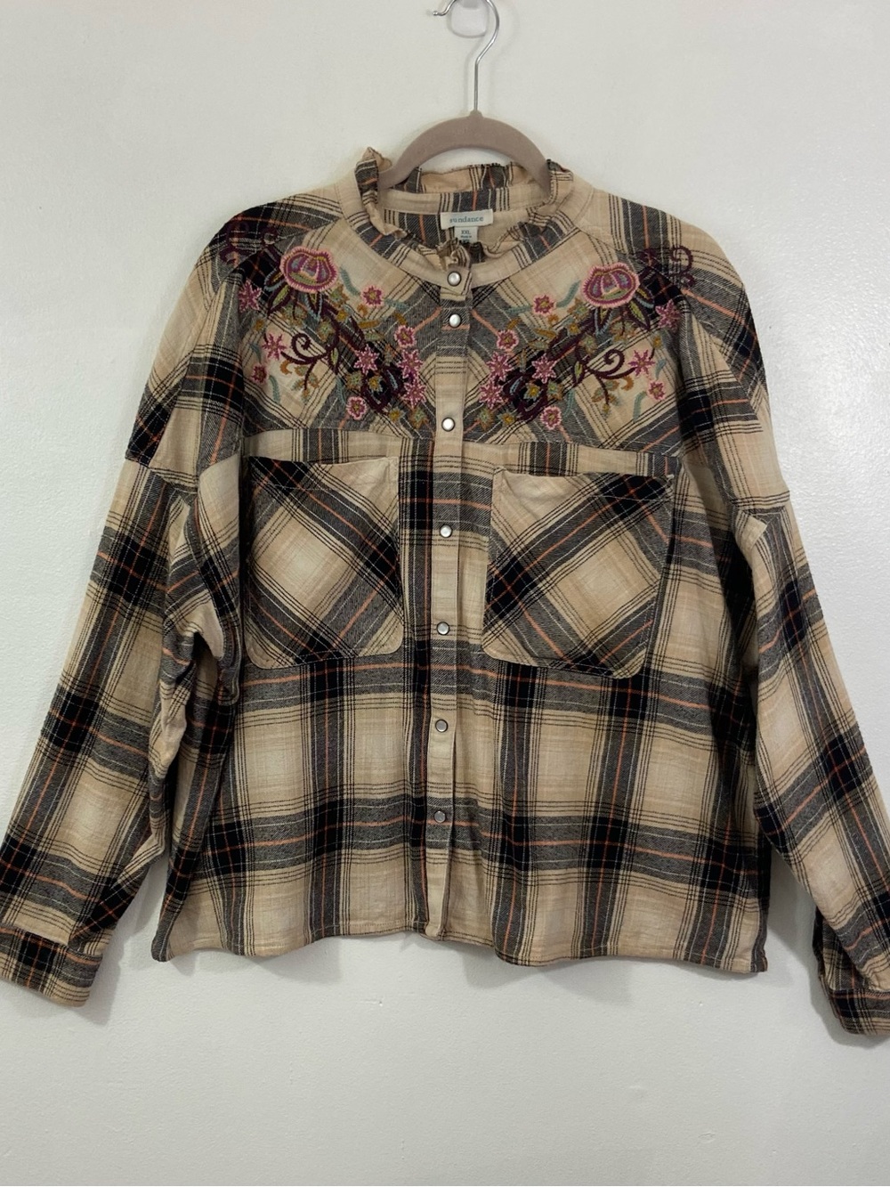 Sundance Embroidered Flannel Shirt XXL Boho Hippie Western Plaid Pearl Snap Top